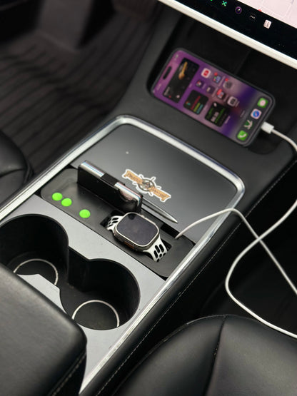 UniHub Control Panel for Tesla Model 3 & Model Y (2021–Present) installed in center console with organized charging ports and smart device storage.