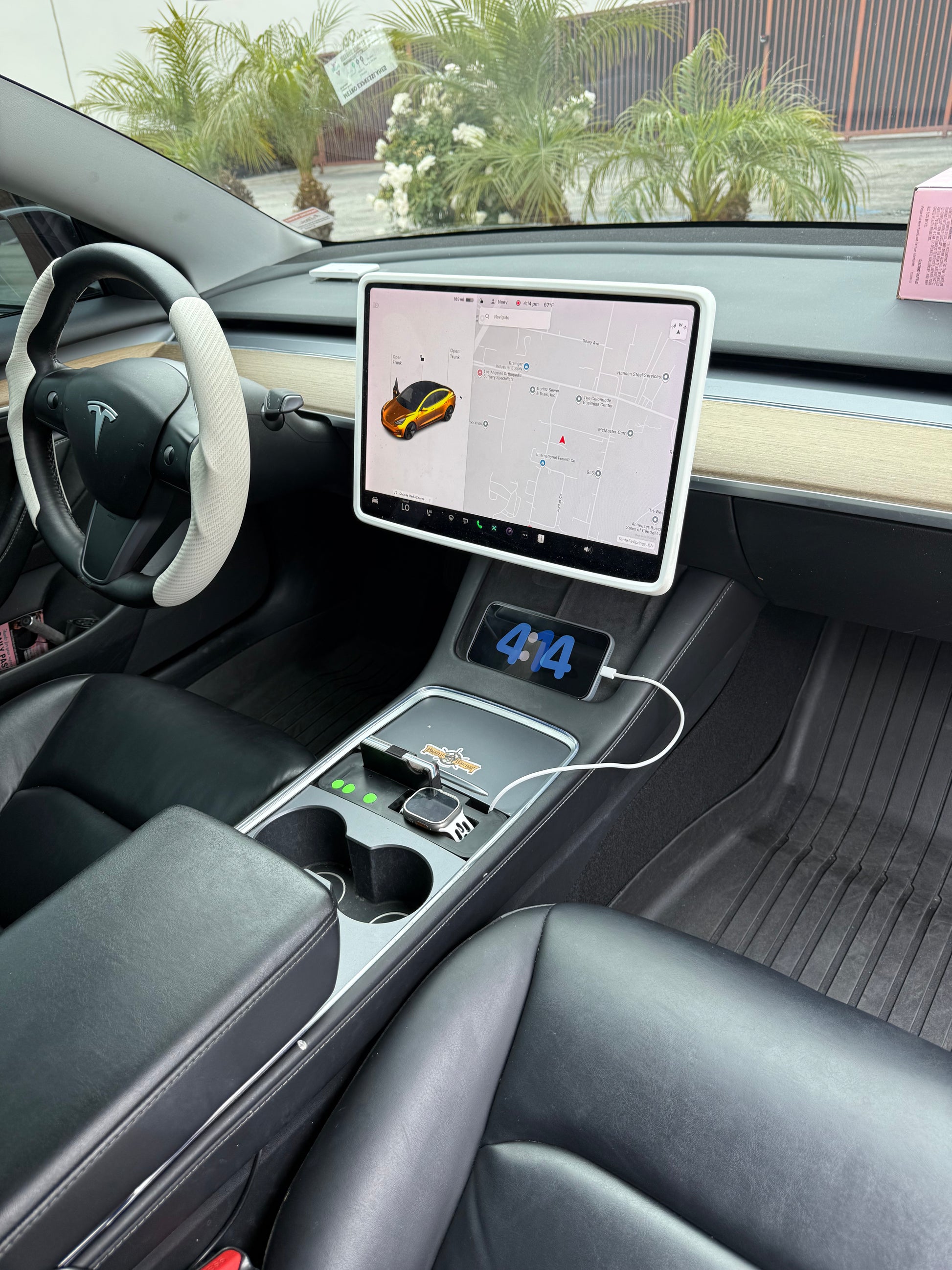 UniHub Control Panel for Tesla Model 3 & Model Y (2021–Present) installed in center console, featuring organized compartments and device charging ports.